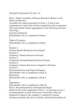 Attached 4 documents for unit 1-4
Step 1: Begin Assembly of Human Resources Report to the
Board of Directors
Assemble the reports generated in Units 1–4 into a new,
comprehensive report that will be completed in this assignment.
This step should include aggregation of the following sections:
Title Page
Executive Summary
[Placeholder: this is completed in Step 3
]
Table of Contents
[Placeholder: this is completed in Step 4
]
Section 1:
Current Human Resources Environment
Section 2:
Company’s Human Resources Posture
Section 3:
Comparator Group Human Resources Posture
Section 4:
Company’s Human Resources Competitive Position
Section 5:
Recommendations and Expected Impact
[Placeholder: this is completed in Step 2]
References
[Placeholder: this is completed in Step 4
]
Appendices
[Placeholder: this is completed in Step 4]
Step 2: Recommendations and Expected Impact
Based on the work completed in Units 1–4, develop at least 1
recommendation in each of the areas listed below that are
designed to improve the company’s competitive human
resources position. Be sure to include a detailed description of
 