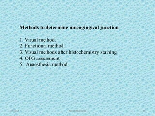1/7/2018 Attached gingiva 36
Methods to determine mucogingival junction
1. Visual method.
2. Functional method.
3. Visual methods after histochemistry staining
4. OPG assessment
5. Anaesthesia method
 