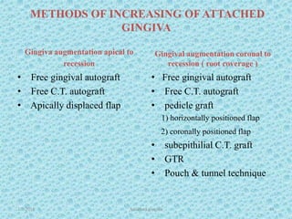 METHODS OF INCREASING OF ATTACHED
GINGIVA
Gingiva augmentation apical to
recession
• Free gingival autograft
• Free C.T. autograft
• Apically displaced flap
Gingival augmentation coronal to
recession ( root coverage )
• Free gingival autograft
• Free C.T. autograft
• pedicle graft
1) horizontally positioned flap
2) coronally positioned flap
• subepithilial C.T. graft
• GTR
• Pouch & tunnel technique
1/7/2018 Attached gingiva 61
 