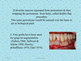 1/7/2018 Attached gingiva 65
3. Free grafts have been used
for gingival augmentation
(Nabers 1966, Sullivan &
Atkins 1968, Hawley
&Staffileno 1970, Edel 1974).
If alveolar mucosa separated from periosteum & then
stripping the periosteum from bone, called double flap
procedure.
This same periosteum would be sutured over the bone to
act as biological pack
 