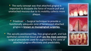 The early concept was that attached gingiva is
important to dissipate the force of muscle pull and
unattached mucosa due to its mobility collects more
plaque.
Friedman* – Surgical technique to provide a
functionally adequate zone of keratinized attached
gingiva is known as mucogingival surgeries.
The apically positioned flap, free gingival graft, and Sub
epithelial connective tissue graft are the most common
surgical procedures used for augmenting the zone of
attached gingiva effectively and predictably.
27. Freidman, N.mucogingival surgery .The Apically repositioned flap. Journal of periodontology 33,328-340.
 