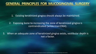 *
1. Existing keratinized gingiva should always be maintained.
2. Exposing bone to increasing the zone of keratinized gingiva is
contraindicated (wilderman1964).
3. When an adequate zone of keratinized gingiva exists, vestibular depth is
not a factor.
30. Carranza Jr FA, Carraro JJ. Mucogingival techniques in periodontal surgery. Journal of Periodontology 1970; 41:294–9.
 