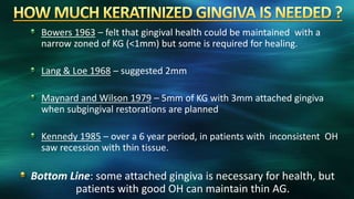 Bowers 1963 – felt that gingival health could be maintained with a
narrow zoned of KG (<1mm) but some is required for healing.
Lang & Loe 1968 – suggested 2mm
Maynard and Wilson 1979 – 5mm of KG with 3mm attached gingiva
when subgingival restorations are planned
Kennedy 1985 – over a 6 year period, in patients with inconsistent OH
saw recession with thin tissue.
Bottom Line: some attached gingiva is necessary for health, but
patients with good OH can maintain thin AG.
 