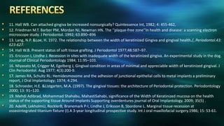 11. Hall WB. Can attached gingiva be increased nonsurgically? Quintessence Int, 1982; 4: 455-462,
12. Friedman M.T. Barber PM, Mordan NJ, Newman HN. The ‘‘plaque-free zone’’In health and disease: a scanning electron
microscope study. J Periodontol. 1992; 63:890–896
13. Lang, N.P. &Loe, H. 1972. The relationship between the width of keratinized Gingiva and gingival health./, Periodontol.43:
623-627.
14. Hall W.B. Present status of soft tissue grafting. J Periodontol 1977;48:587–97.
15. Ericsson I, Lindhe J. Recession in sites with inadequate width of the keratinized gingiva. An experimental study in the dog.
Journal of Clinical Periodontology 1984; 11:95–103.
16. Miyasato M, Crigger M, Egelberg J, Gingival condition in areas of minimal and appreciable width of keratinized gingival. J
Clin Periodontol. Aug 1977; 4(3):200-9.
17. James RA, Schultz RL: Hemidesmosome and the adhesion of junctional epithelial cells to metal implants a preliminary
report, J Oral Implantology; 1974; 4:294.
18. Schroeder, H.E. &Listgarten, M.A. (1997). The gingival tissues: the architecture of Periodontal protection. Periodontology
2000; 13: 91–120.
19. Mehdi Adibrad, Mohammad Shahabu, MahastiSahabi, significance of the Width of Keratinized mucosa on the health
status of the supporting tissue Around implants Supporting overdentures journal of Oral Implantology. 2009; 35(5) .
20. AdellR, LekholmU, RocklerB, Branemark P-I, Lindhe J, Eriksson B, Sbordone L. Marginal tissue recession at
osseointegrated titanium fixture (I).A 3-year longitudinal prospective study. Int J oral maxillofacial surgery.1986; 15: 53-61.
 