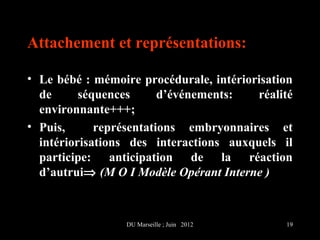 Attachement et représentations:

• Le bébé : mémoire procédurale, intériorisation
  de      séquences      d’événements:   réalité
  environnante+++;
• Puis,      représentations embryonnaires et
  intériorisations des interactions auxquels il
  participe: anticipation de la réaction
  d’autrui⇒ (M O I Modèle Opérant Interne )



                 DU Marseille ; Juin 2012     19
 