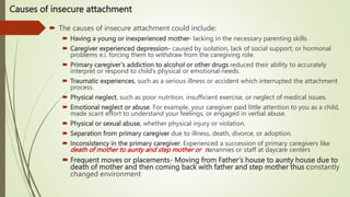 Causes of insecure attachment
 The causes of insecure attachment could include:
 Having a young or inexperienced mother- lacking in the necessary parenting skills.
 Caregiver experienced depression- caused by isolation, lack of social support, or hormonal
problems e.i. forcing them to withdraw from the caregiving role.
 Primary caregiver’s addiction to alcohol or other drugs reduced their ability to accurately
interpret or respond to child’s physical or emotional needs.
 Traumatic experiences, such as a serious illness or accident which interrupted the attachment
process.
 Physical neglect, such as poor nutrition, insufficient exercise, or neglect of medical issues.
 Emotional neglect or abuse. For example, your caregiver paid little attention to you as a child,
made scant effort to understand your feelings, or engaged in verbal abuse.
 Physical or sexual abuse, whether physical injury or violation.
 Separation from primary caregiver due to illness, death, divorce, or adoption.
 Inconsistency in the primary caregiver. Experienced a succession of primary caregivers like
death of mother to aunty and step mother or nanannies or staff at daycare centers
 Frequent moves or placements- Moving from Father’s house to aunty house due to
death of mother and then coming back with father and step mother thus constantly
changed environment
 