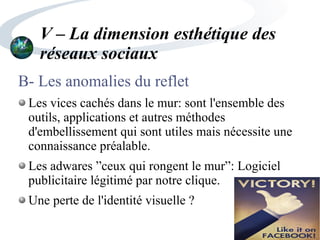 V – La dimension esthétique des
réseaux sociaux
B- Les anomalies du reflet
Les vices cachés dans le mur: sont l'ensemble des
outils, applications et autres méthodes
d'embellissement qui sont utiles mais nécessite une
connaissance préalable.
Les adwares ”ceux qui rongent le mur”: Logiciel
publicitaire légitimé par notre clique.
Une perte de l'identité visuelle ?
 