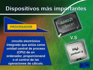 V.S
    circuito electrónico
integrado que actúa como
unidad central de proceso
        (CPU) de un
ordenador, proporcionand
     o el control de las
 operaciones de cálculo.
 