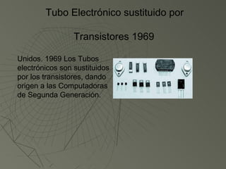 Tubo Electrónico sustituido por

                 Transistores 1969

Unidos. 1969 Los Tubos
electrónicos son sustituidos
por los transistores, dando
origen a las Computadoras
de Segunda Generación.
 