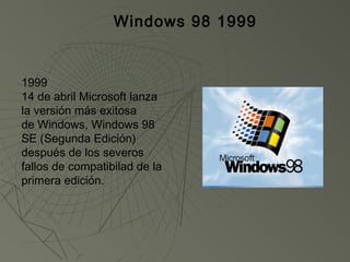 Windows 98 1999


1999
14 de abril Microsoft lanza
la versión más exitosa
de Windows, Windows 98
SE (Segunda Edición)
después de los severos
fallos de compatibilad de la
primera edición.
 