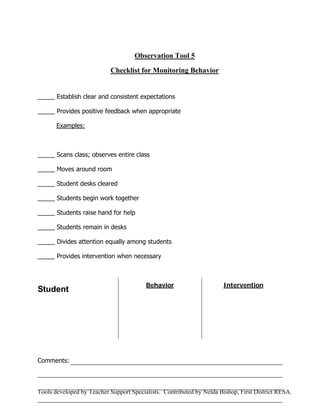 Observation Tool 5

                           Checklist for Monitoring Behavior


_____ Establish clear and consistent expectations

_____ Provides positive feedback when appropriate

       Examples:



_____ Scans class; observes entire class

_____ Moves around room

_____ Student desks cleared

_____ Students begin work together

_____ Students raise hand for help

_____ Students remain in desks

_____ Divides attention equally among students

_____ Provides intervention when necessary



                                         Behavior                     Intervention
Student




Comments:



Tools developed by Teacher Support Specialists. Contributed by Nelda Bishop, First District RESA.
 
