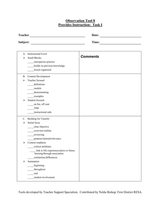 Observation Tool 8
                                       Provides Instruction: Task I

Teacher                                                        Date:

Subject:                                                       Time:


   A. Instructional Level
   !   Small Blocks                                        Comments
       _____intersperses practice
       _____builds on previous knowledge
       _____lesson organized

   B. Content Development
   !   Teacher focused
       _____definitions
       _____models
       _____demonstrating
       _____examples
   !   Student focused
       _____on fee, off seat
       _____TIM
       _____instructional aids

   C. Building for Transfer
   !   Initial focus
       _____clear objective
       _____overview/outline
       _____reviewing
       _____purpose/rational/relevance
   !   Content emphasis
       _____critical attributes
           _____link to life experiences/prior or future
               learning/through association
       _____similarities/differences
   !   Summaries
       _____beginning
       _____throughout
       _____end
       _____student involvement




Tools developed by Teacher Support Specialists. Contributed by Nelda Bishop, First District RESA.
 