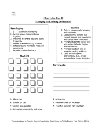 Date:
  Time:
                                         Observation Tool 10
                               Managing the Learning Environment


Pro-Active                                                                 Reactive
                                                               1. Detects inappropriate behavior
1. (    ) classroom monitoring                                    and intervenes.
[….having groups begin seatwork                                2. Uses proximity control, eye
   together]                                                      contact, signals, and monitoring
2. Observes the entire class and scans                            a student’s name to redirect.
   frequently                                                  3. Prompts student to ensure that
3. Divides attention among students                               appropriate behavior begins
4. Establishes and maintains rules and                            after redirection.
   procedures                                                  4. Provides feedback only to
5. Provides positive feedback                                     students causing problems.
                                                               5. Deals with disruption
            TEACHER                                               appropriately. (i.e., avoids
                                                                  arguments or power struggles.


                                                     Comments:




P - #Proactive                                       R - #Reactive
X - Student off task                                 V - Teacher called on volunteer
? - Student asks question                            N - Teacher called on non-volunteer
√ - Appropriate response by instructor




  Tools developed by Teacher Support Specialists. Contributed by Nelda Bishop, First District RESA.
 