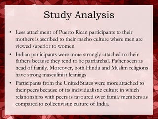 Study Analysis
• Less attachment of Puerto Rican participants to their
  mothers is ascribed to their macho culture where men are
  viewed superior to women
• Indian participants were more strongly attached to their
  fathers because they tend to be patriarchal. Father seen as
  head of family. Moreover, both Hindu and Muslim religions
  have strong masculinist leanings
• Participants from the United States were more attached to
  their peers because of its individualistic culture in which
  relationships with peers is favoured over family members as
  compared to collectivistic culture of India.
 
