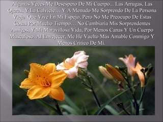 Algunas Veces Me Desespero De Mi Cuerpo... Las Arrugas, Las
Ojeras, Y La Calvicie… Y A Menudo Me Sorprendo De La Persona
  Vieja Que Vive En Mi Espejo, Pero No Me Preocupo De Estas
  Cosas Por Mucho Tiempo… No Cambiaría Mis Sorprendentes
 Amigos, Y Mi Maravillosa Vida, Por Menos Canas Y Un Cuerpo
Musculoso. Al Envejecer, Me He Vuelto Más Amable Conmigo Y
                     Menos Crítico De Mí.
 