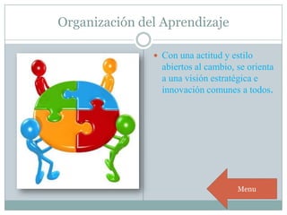 Organización del Aprendizaje
 Con una actitud y estilo
abiertos al cambio, se orienta
a una visión estratégica e
innovación comunes a todos.
Menu
 