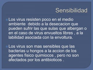 Los virus resisten poco en el medio
ambiente debido a la desecacion que
pueden sufrir las que sulas que albergan o
en el caso de virus envueltos libres , a la
labilidad asociada con la envoltura.
Los virus son mas sensibles que las
bacterias u hongos a la accion de los
agentes fisico quimiocos , pero no son
afectados por los antibioticos .
 