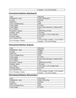 Chamber, 1 Pcs Acid Chamber
Pretreatment Machine. Bleaching-02:
Type Bleaching
Manufacturer name Goller Bleaching-02
Country Germany
Model No. 9831
Year of manufacturing 2006
Temp. Range 00-1000C
Used Utilities Water, Steam, Electricity, Compressed Air
No. of Motor 135
Production Capacity 100000 Meter (P/Day)
Machine Speed 120 m/min
No of Dryer 24 Pcs Dryer, 2 Pcs Cooling Dryer
Pressure Range (0-7) PSI
No of Steamer Box 2 Pcs
No of Washing Chamber
10 Pcs Washing Chamber, 2 Pcs Chemical
Chamber, 1 Pcs Acid Chamber
Pretreatment Machine. Brugman:
Type Bleaching
Manufacturer name Brugman
Country Holland
Model No. 86/600
Year of manufacturing 1986
Temp. Range 00-1000C
Used Utilities Water, Steam, Electricity, Compressed Air
No. of Motor 110
Production Capacity 100000 Meter (P/Day)
Machine Speed 100 m/min
No of Dryer 18 Pcs Dryer, 2 Pcs Cooling Dryer
Pressure Range (0-7) PSI
No of Steamer Box 2 Pcs
No of Washing Chamber
10 Pcs Washing Chamber, 2 Pcs Chemical
Chamber, 1 Pcs Acid Chamber
Pretreatment Machine. Mercerizing-2:
Type Mercerizing
Manufacturer name Goller Mercerizing
Country Germany
Model No. 9833
Year of manufacturing 2006
Temp. Range 00-1000C
 
