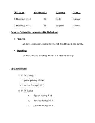 M/C Name M/C Quantity Company Country
1. Bleaching m/c.-1 02 Goller Germany
2. Bleaching m/c.-2 01 Brugman Holland
Scouring & bleaching process usedin this factory:
 Scouring:
All most continuous scouring process with NaOH used in this factory.
 Bleaching:
All most peroxide bleaching process is used in this factory.
M/C parameters:
 PH for printing:
a. Pigment printing-5.5-6.0
b. Reactive Printing-6.5-8.0
 PH for dyeing:
a. Pigment dyeing 5.5-6
b. Reactive dyeing-7-7.5
c. Disperse dyeing-3-7.5
 
