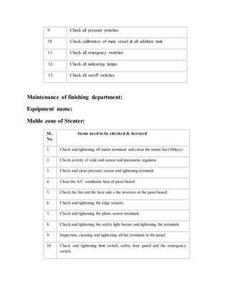 9. Check all pressure switches
10. Check calibration of main vessel & all addition tank
11. Check all emergency switches
12. Check all indicating lamps
13. Check all on/off switches
Maintenance of finishing department:
Equipment name:
Mahlo zone of Stenter:
SL.
No.
Items need to be checked & Serviced
1. Check and tightening all motor terminals and clean the motor fan (30days).
2. Check activity of wide and sensor and pneumatic regulator.
3. Check and clean pressure sensor and tightening terminals
4. Clean the A/C ventilation fans of panel board
5. Check the fan and the heat sink o the inverters in the panel board.
6. Check and tightening the edge sensors.
7. Check and tightening the photo sensor terminals.
8. Check and tightening the safety light barrier and tightening the terminals.
9. Inspection, cleaning and tightening all the terminals in the panel.
10. Check and tightening limit switch, safety door guard and the emergency
switch.
 