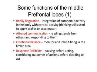 Some functions of the middle
Prefrontal lobes (1)
• Bodily Regulation - integration of autonomic activity
in the body with cortical activity (thinking skills used
to apply brakes or accelerator)
• Attuned communication - reading signals from
others and responding to them
• Emotional Balance – monitor and inhibit firing in the
limbic area
• Response flexibility – pausing before acting,
considering outcomes of actions before deciding to
act
 