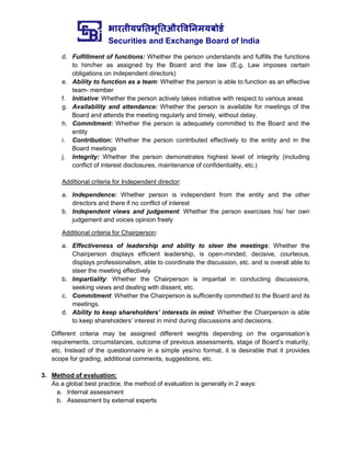 भारतीयप्रततभूततऔरवितिमयबोर्ड
Securities and Exchange Board of India
d. Fulfillment of functions: Whether the person understands and fulfills the functions
to him/her as assigned by the Board and the law (E.g. Law imposes certain
obligations on independent directors)
e. Ability to function as a team: Whether the person is able to function as an effective
team- member
f. Initiative: Whether the person actively takes initiative with respect to various areas
g. Availability and attendance: Whether the person is available for meetings of the
Board and attends the meeting regularly and timely, without delay.
h. Commitment: Whether the person is adequately committed to the Board and the
entity
i. Contribution: Whether the person contributed effectively to the entity and in the
Board meetings
j. Integrity: Whether the person demonstrates highest level of integrity (including
conflict of interest disclosures, maintenance of confidentiality, etc.)
Additional criteria for Independent director:
a. Independence: Whether person is independent from the entity and the other
directors and there if no conflict of interest
b. Independent views and judgement: Whether the person exercises his/ her own
judgement and voices opinion freely
Additional criteria for Chairperson:
a. Effectiveness of leadership and ability to steer the meetings: Whether the
Chairperson displays efficient leadership, is open-minded, decisive, courteous,
displays professionalism, able to coordinate the discussion, etc. and is overall able to
steer the meeting effectively
b. Impartiality: Whether the Chairperson is impartial in conducting discussions,
seeking views and dealing with dissent, etc.
c. Commitment: Whether the Chairperson is sufficiently committed to the Board and its
meetings.
d. Ability to keep shareholders’ interests in mind: Whether the Chairperson is able
to keep shareholders’ interest in mind during discussions and decisions.
Different criteria may be assigned different weights depending on the organisation’s
requirements, circumstances, outcome of previous assessments, stage of Board’s maturity,
etc. Instead of the questionnaire in a simple yes/no format, it is desirable that it provides
scope for grading, additional comments, suggestions, etc.
3. Method of evaluation:
As a global best practice, the method of evaluation is generally in 2 ways:
a. Internal assessment
b. Assessment by external experts
 