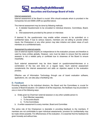 भारतीयप्रततभूततऔरवितिमयबोर्ड
Securities and Exchange Board of India
Internal assessment:
Internal assessment of the Board is crucial. Who should evaluate whom is provided in the
Companies Act and SEBI LODR as specified above.
The internal assessment may be done by following methods:
a. A detailed Questionnaire to be circulated to individual directors, Committees, Board,
etc.
b. Oral assessments provided by the person on interviews
If deemed fit, the questionnaire may enable written answers to be submitted on a
confidential basis. If due to various reasons, members are not willing to provide written
inputs, the Chairperson or any other person may take initiative and obtain views of such
members on a confidential basis.
Assessment by external experts:
Use of external experts imparts an independence to the evaluation process and therefore is
used by many entities globally. However, care must be taken to ensure that the external
assessor is not a related party or conflicted due to closeness of the Board to ensure
impartiality.
Such external assessment may be done based on questionnaires/interviews or a
combination of the two and done on a regular basis. Such external assessment
complements the internal assessment and adds an objective aspect to the evaluation
process.
Effective use of Information Technology through use of board evaluation software,
applications, etc. can also play a facilitating role.
D. Feedback
Providing feedback to the individual directors, the Board and the Committees is crucial for
success of Board Evaluation. On collation of all the responses, the feedback may be provided in
one or more of the following ways:
a. Orally given by Chairman/ external assessor or any other suitable person to
i. Each Member separately
ii. To the entire Board
iii. To the Committees
b. A written assessment to every member, Board and Committee
The active role of the Chairperson is desirable in providing feedback to the members. If
members are not comfortable to open individual assessments, provision for confidentiality may
be made where possible. For effectiveness of the evaluation, it is essential that the feedback be
given honestly and without bias.
 