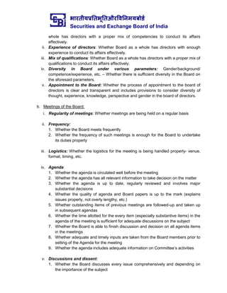 भारतीयप्रततभूततऔरवितिमयबोर्ड
Securities and Exchange Board of India
whole has directors with a proper mix of competencies to conduct its affairs
effectively.
ii. Experience of directors: Whether Board as a whole has directors with enough
experience to conduct its affairs effectively.
iii. Mix of qualifications: Whether Board as a whole has directors with a proper mix of
qualifications to conduct its affairs effectively.
iv. Diversity in Board under various parameters: Gender/background/
competence/experience, etc. – Whether there is sufficient diversity in the Board on
the aforesaid parameters.
v. Appointment to the Board: Whether the process of appointment to the board of
directors is clear and transparent and includes provisions to consider diversity of
thought, experience, knowledge, perspective and gender in the board of directors.
b. Meetings of the Board:
i. Regularity of meetings: Whether meetings are being held on a regular basis
ii. Frequency:
1. Whether the Board meets frequently
2. Whether the frequency of such meetings is enough for the Board to undertake
its duties properly
iii. Logistics: Whether the logistics for the meeting is being handled properly- venue,
format, timing, etc.
iv. Agenda:
1. Whether the agenda is circulated well before the meeting
2. Whether the agenda has all relevant information to take decision on the matter
3. Whether the agenda is up to date, regularly reviewed and involves major
substantial decisions
4. Whether the quality of agenda and Board papers is up to the mark (explains
issues properly, not overly lengthy, etc.)
5. Whether outstanding items of previous meetings are followed-up and taken up
in subsequent agendas
6. Whether the time allotted for the every item (especially substantive items) in the
agenda of the meeting is sufficient for adequate discussions on the subject
7. Whether the Board is able to finish discussion and decision on all agenda items
in the meetings
8. Whether adequate and timely inputs are taken from the Board members prior to
setting of the Agenda for the meeting
9. Whether the agenda includes adequate information on Committee’s activities
v. Discussions and dissent:
1. Whether the Board discusses every issue comprehensively and depending on
the importance of the subject
 