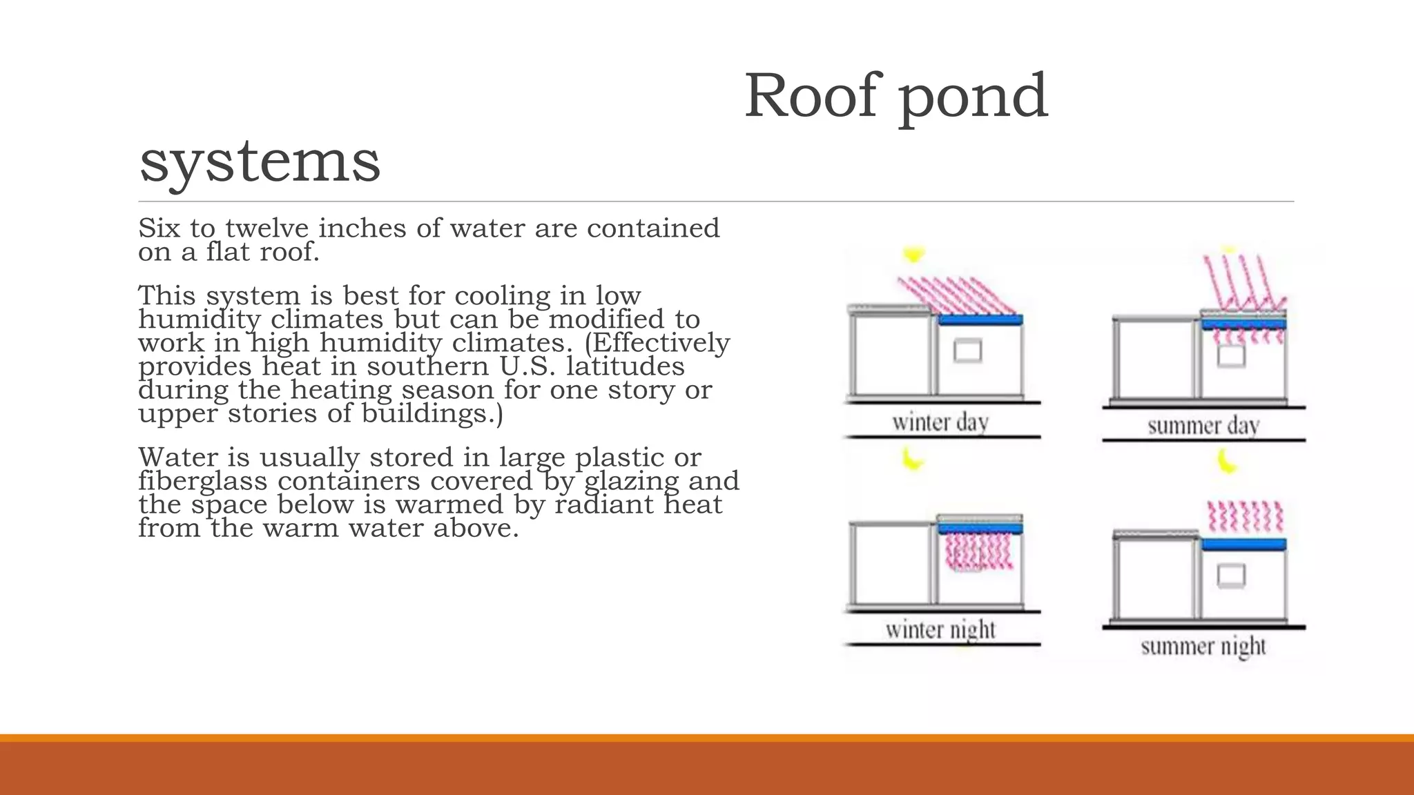 Roof pond
systems
Six to twelve inches of water are contained
on a flat roof.
This system is best for cooling in low
humidity climates but can be modified to
work in high humidity climates. (Effectively
provides heat in southern U.S. latitudes
during the heating season for one story or
upper stories of buildings.)
Water is usually stored in large plastic or
fiberglass containers covered by glazing and
the space below is warmed by radiant heat
from the warm water above.
 