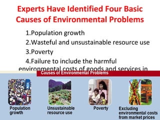 Experts Have Identified Four Basic
Causes of Environmental Problems
1.Population growth
2.Wasteful and unsustainable resource use
3.Poverty
4.Failure to include the harmful
environmental costs of goods and services in
market prices
 