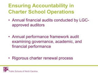 Ensuring Accountability in
Charter School Operations
• Annual financial audits conducted by LGC-
approved auditors
• Annual performance framework audit
examining governance, academic, and
financial performance
• Rigorous charter renewal process
 
