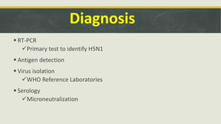 Diagnosis
 RT-PCR
Primary test to identify H5N1
 Antigen detection
 Virus isolation
WHO Reference Laboratories
 Serology
Microneutralization
 