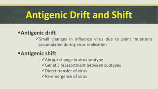 Antigenic Drift and Shift
Antigenic drift
Small changes in influenza virus due to point mutations
accumulated during virus replication
Antigenic shift
Abrupt change in virus subtype
Genetic reassortment between subtypes
Direct transfer of virus
Re-emergence of virus
 