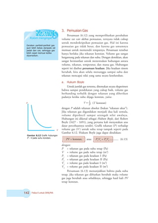Fisika X untuk SMA/MA
a. Hukum Boyle
Untuk jumlah gas tertentu, ditemukan secara eksperimen
bahwa sampai pendekatan yang cukup baik, volume gas
berbanding terbalik dengan tekanan yang diberikan
padanya ketika suhu dijaga konstan, yaitu:
P
V
1
∝ (T konstan)
dengan P adalah tekanan absolut (bukan “tekanan ukur”).
Jika tekanan gas digandakan menjadi dua kali semula,
volume diperkecil sampai setengah nilai awalnya.
Hubungan ini dikenal sebagai Hukum Boyle, dari Robert
Boyle (1627 - 1691), yang pertama kali menyatakan atas
dasar percobaannya sendiri. Grafik tekanan (P) terhadap
volume gas (V ) untuk suhu tetap tampak seperti pada
Gambar 6.12. Hukum Boyle juga dapat dituliskan:
PV = konstan, atau P1
V1
= P2
V2
............ (6.13)
dengan:
P = tekanan gas pada suhu tetap (Pa)
V = volume gas pada suhu tetap (m3
)
P1
= tekanan gas pada keadaan I (Pa)
P2
= tekanan gas pada keadaan II (Pa)
V1
= volume gas pada keadaan I (m3
)
V2
= volume gas pada keadaan II (m3
)
Persamaan (6.13) menunjukkan bahwa pada suhu
tetap, jika tekanan gas dibiarkan berubah maka volume
gas juga berubah atau sebaliknya, sehingga hasil kali PV
tetap konstan.
2
V
Gambar 6.12 Grafik hubungan
2 - V pada suhu konstan.
3. Pemuaian Gas
Persamaan (6.12) yang memperlihatkan perubahan
volume zat cair akibat pemuaian, ternyata tidak cukup
untuk mendeskripsikan pemuaian gas. Hal ini karena
pemuaian gas tidak besar, dan karena gas umumnya
memuai untuk memenuhi tempatnya. Persamaan tersebut
hanya berlaku jika tekanan konstan. Volume gas sangat
bergantung pada tekanan dan suhu. Dengan demikian, akan
sangat bermanfaat untuk menentukan hubungan antara
volume, tekanan, temperatur, dan massa gas. Hubungan
seperti ini disebut persamaan keadaan. Jika keadaan sistem
berubah, kita akan selalu menunggu sampai suhu dan
tekanan mencapai nilai yang sama secara keseluruhan.
Gerakan partikel-partikel gas
jauh lebih bebas daripada zat
padat dan cair, sehingga gas
lebih cepat memuai ketika
dipanaskan.
 