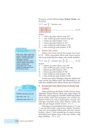 Fisika X untuk SMA/MA
c. Hukum Gay Lussac
Hukum Gay Lussac berasal dari Joseph Gay Lussac
(1778 - 1850), menyatakan bahwa pada volume konstan,
tekanan gas berbanding lurus dengan suhu mutlak, dituliskan:
∝
P T atau
T
P = konstan, atau
2
2
1
1
T
P
T
P
= .............. (6.16)
dengan:
P = tekanan gas pada volume tetap (Pa)
T = suhu mutlak gas pada volume tetap (K)
P1
= tekanan gas pada keadaan I (Pa)
P2
= tekanan gas pada keadaan II (Pa)
T1
= suhu mutlak gas pada keadaan I (K)
T2
= suhu mutlak gas pada keadaan II (K)
Contoh nyata dalam kehidupan sehari-hari adalah botol
yang tertutup atau kaleng aerosol, jika dilemparkan ke api,
maka akan meledak karena naiknya tekanan gas di dalamnya.
4. Persamaan Gas Ideal (Hukum Boyle-Gay
Lussac)
Hukum-hukum gas dari Boyle, Charles, dan Gay Lussac
didapatkan dengan bantuan teknik yang sangat berguna di
dalam sains, yaitu menjaga satu atau lebih variabel tetap konstan
untuk melihat akibat dari perubahan satu variabel saja.
Hukum-hukum ini dapat digabungkan menjadi satu
hubungan yang lebih umum antara tekanan, volume, dan
suhu dari gas dengan jumlah tertentu: T
PV ∝ .
Hubungan ini menunjukkan bahwa besaran P, V, atau
T akan berubah ketika yang lainnya diubah. Percobaan
yang teliti menunjukkan bahwa pada suhu dan tekanan
konstan, volume V dari sejumlah gas di tempat tertutup
berbanding lurus dengan massa m dari gas tersebut, yang
dapat dituliskan: PV ∝ mT.
Pada tahun 1850, ketika Gay
Lussac menyadari ajal sudah
dekat ia meminta putranya
membakar bukunya
2hilosophie chimique. Dalam
euologi setelah kematiannya
Arago (sahabatnya)
menyatakan Gay Lussac
adalah ahli fisika jenius dan
ahli kimia luar biasa.
Koefisien pemuaian gas apa
saja sama, yaitu 273
1
volumenya pada suhu 0 o
C.
Pernyataan tersebut dikenal sebagai Hukum Charles, dan
dituliskan:
T
V ∝ atau
T
V = konstan, atau
1
1
T
V
=
2
2
T
V
........................................................... (6.15)
dengan:
V = volume gas pada tekanan tetap (m3
)
T = suhu mutlak gas pada tekanan tetap (K)
V1
= volume gas pada keadaan I (m3
)
V2
= volume gas pada keadaan II (m3
)
T1
= suhu mutlak gas pada keadaan I (K)
T2
= suhu mutlak gas pada keadaan II (K)
 