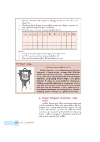 # Fisika X untuk SMA/MA
7. Aduklah kalorimeter berisi logam itu sehingga merata dan ukur suhu akhir
sebagai T3.
8. Ulangi percobaan dengan menggunakan zat cair lain sebagai pengganti air
yang digunakan untuk mengisi kalorimeter.
9. Masukkan data percobaan ke dalam tabel berikut ini.
Diskusi:
1. Carilah panas jenis logam untuk pengisi cairan adalah air!
2. Carilah panas jenis cairan untuk cairan bukan air!
3. Apa yang dapat disaimpulkan dari percobaan tersebut?
mk
mp
mc
T1
m1
T2
T3
Ck
Cp
Cc
.
t
e
K
Kapasitas untuk Mencairkan Es
Gambar di samping menunjukkan penampang sebuah
“kalorimeter es” buatan Antoine Lavoisier (1743 – 1794) dan
Pierre - Simon Laplace (1749 - 1827). Dengan alat ini dapat
diukur jumlah panas yang dilepaskan oleh suatu benda yang
dipanaskan yang sedang menjadi dingin. Benda panas
diletakkan di wadah, dan es dimasukkan ke sekelilingnya.
Ketika es mencair dikarenakan adanya benda panas, suhunya
tetap pada suhu titik beku. Suhu benda tadi mendingin sampai
serendah suhu es, kemudian es yang sudah mencair
dikeluarkan dari kalorimeter melalui bagian bawah alat untuk
ditimbang. Beratnya menunjukkan kapasitas panas benda.
Percikan Fisika
2. Hukum Kekekalan Energi Kalor (Asas
Black)
Apabila dua zat atau lebih mempunyai suhu yang
berbeda dan terisolasi dalam suatu sistem, maka kalor akan
mengalir dari zat yang suhunya lebih tinggi ke zat yang
suhunya lebih rendah. Dalam hal ini, kekekalan energi
memainkan peranan penting. Sejumlah kalor yang hilang
dari zat yang bersuhu tinggi sama dengan kalor yang didapat
oleh zat yang suhunya lebih rendah.
 