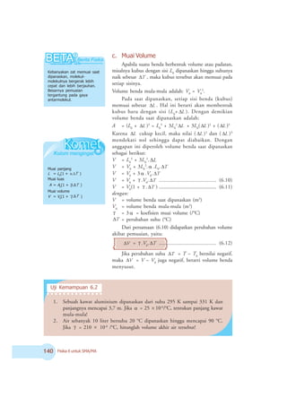 Fisika X untuk SMA/MA
c. Muai Volume
Apabila suatu benda berbentuk volume atau padatan,
misalnya kubus dengan sisi L0
dipanaskan hingga suhunya
naik sebesar T
Δ , maka kubus tersebut akan memuai pada
setiap sisinya.
Volume benda mula-mula adalah: V0
= V0
3
.
Pada saat dipanaskan, setiap sisi benda (kubus)
memuai sebesar L
Δ . Hal ini berarti akan membentuk
kubus baru dengan sisi (L0
+ L
Δ ). Dengan demikian
volume benda saat dipanaskan adalah:
A = (L0
+ L
Δ )3
= L0
3
+ 3L0
2
L
Δ + 3L0
( L
Δ )2
+ ( L
Δ )3
Karena L
Δ cukup kecil, maka nilai ( L
Δ )2
dan ( L
Δ )3
mendekati nol sehingga dapat diabaikan. Dengan
anggapan ini diperoleh volume benda saat dipanaskan
sebagai berikut:
V = L0
3
+ 3L0
2
. L
Δ
V = V0
+ 3L0
2
. á .L0
. T
Δ
V = V0
+ 3 á .V0
. T
Δ
V = V0
+ γ .V0
. T
Δ ............................................ (6.10)
V = V0
(1 + γ . T
Δ ) ............................................ (6.11)
dengan:
V = volume benda saat dipanaskan (m3
)
V0
= volume benda mula-mula (m3
)
γ = 3 á = koefisien muai volume (/o
C)
T
Δ = perubahan suhu (o
C)
Dari persamaan (6.10) didapatkan perubahan volume
akibat pemuaian, yaitu:
V
Δ = γ .V0
.ΔT ............................................ (6.12)
Jika perubahan suhu T
Δ = T – T0
bernilai negatif,
maka V
Δ = V – V0
juga negatif, berarti volume benda
menyusut.
Muai panjang
L = L0
(1 + T
Δ
á. )
Muai luas
A = A0
(1 + T
Ä
.
β )
Muai volume
V = V0
(1 + T
Ä
.
γ )
1. Sebuah kawat aluminium dipanaskan dari suhu 295 K sampai 331 K dan
panjangnya mencapai 3,7 m. Jika α = 25 × 10-6
/o
C, tentukan panjang kawat
mula-mula!
2. Air sebanyak 10 liter bersuhu 20 o
C dipanaskan hingga mencapai 90 o
C.
Jika γ = 210 × 10-6
/o
C, hitunglah volume akhir air tersebut!
Uji Kemampuan 6.2
○ ○ ○ ○ ○ ○ ○ ○ ○ ○ ○ ○ ○ ○
Kebanyakan zat memuai saat
dipanaskan, molekul-
molekulnya bergerak lebih
cepat dan lebih berjauhan.
Besarnya pemuaian
tergantung pada gaya
antarmolekul.
 