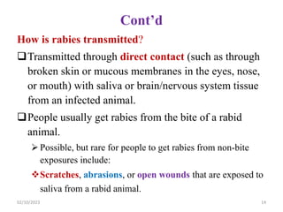 Cont’d
How is rabies transmitted?
Transmitted through direct contact (such as through
broken skin or mucous membranes in the eyes, nose,
or mouth) with saliva or brain/nervous system tissue
from an infected animal.
People usually get rabies from the bite of a rabid
animal.
Possible, but rare for people to get rabies from non-bite
exposures include:
Scratches, abrasions, or open wounds that are exposed to
saliva from a rabid animal.
02/10/2023 14
 
