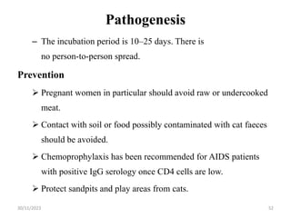 Pathogenesis
– The incubation period is 10–25 days. There is
no person-to-person spread.
Prevention
 Pregnant women in particular should avoid raw or undercooked
meat.
 Contact with soil or food possibly contaminated with cat faeces
should be avoided.
 Chemoprophylaxis has been recommended for AIDS patients
with positive IgG serology once CD4 cells are low.
 Protect sandpits and play areas from cats.
30/11/2023 52
 