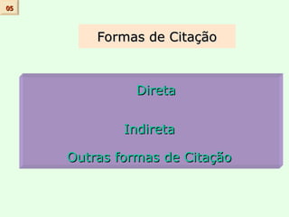 Formas de Citação
Formas de Citação
05
05
Direta
Direta
Indireta
Indireta
Outras formas de Citação
Outras formas de Citação
 