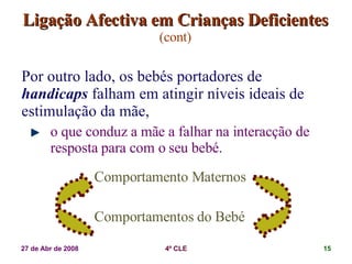 Ligação Afectiva em Crianças Deficientes   (cont) Por outro lado, os bebés portadores de  handicaps  falham em atingir níveis ideais de estimulação da mãe,  o que conduz a mãe a falhar na interacção de resposta para com o seu bebé. Comportamento Maternos Comportamentos do Bebé 