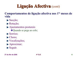 Ligação Afectiva   (cont) Comportamentos de ligação afectiva nos 1º s  meses de vida Sucção; Rotação; Ajustamentos posturais Quando se pega ao colo;  Sorriso; Choro; Vocalizações; Aproximar; Seguir. 
