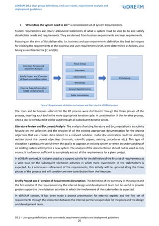 eDREAM D2.1 User group definitions, end-user needs, requirement analysis and
deployment guidelines
D2.1 – User group definitions, end-user needs, requirement analysis and deployment guidelines
20
• “What does the system need to do?” a consolidated set of System Requirements.
System requirements are clearly articulated statements of what a system must be able to do and satisfy
stakeholder needs and requirements. They are derived from business requirements and user requirements.
Focusing on the aims of this deliverable, i.e. business and user requirements definition, the best techniques
for eliciting the requirements at the business and user requirements level, were determined as follows, also
taking as a reference the [7] and [8]:
Figure 5 Requirement elicitation techniques and their start in eDREAM project
The tools and techniques selected for the RE process were distributed through the three phases of the
process, inserting each tool in the more appropriate iteration cycle. In consideration of the iterative process,
once a tool is introduced it will be used through all subsequent iterative cycles.
Literature Review and Document Analysis: The analysis of existing literature and documentation is an activity
focused on the collection and the revision of all the existing appropriate documentation for the project
objectives that can contain data related to a relevant solution. Useful documentation could be anything
written about the project objectives (manuals, scientific papers, existing procedures etc.). This type of
elicitation is particularly useful when the goal is to upgrade an existing system or when an understanding of
an existing system will improve a new system. The analysis of the documentation should not be used as only
source. It is often not sufficient to completely extract all the requirements for a given project.
In eDREAM context, it has been used as a support activity for the definition of the first set of requirements as
a valid base for the subsequent elicitation activities in which more involvement of the stakeholders is
expected. As a continuous refinement of the requirements, this activity will be updated along the three
phases of the process and will consider any new contribution from the literature.
Briefly Project and 1° version of Requirements Description: The definition of the summary of the project and
the first version of the requirements by the internal design and development team can be useful to provide
greater support to the elicitation activities in which the involvement of the stakeholders is expected.
In eDREAM context, it has been made a project presentation for external experts and the first set of
requirements through the interaction between the internal partners responsible for the pilots and the design
and development team.
 