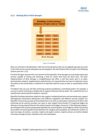 PharmaLedger – 853992 | Deliverable D3.4 v1.0 | CONFIDENTIAL 12/25
3.1.2 Bricking DSUs in Brick Storages
Figure 5 A BrickMap
DSUs are anchored in the blockchain. With the anchoring feature [19], we can digitally sign data and code
in the initial version and all subsequent versions/updates. We will introduce DSU concepts in the following
sections (see also [15])
The Brick Storages represent the core element of the OpenDSU. Brick Storages are essentially simple web
services capable of storing and retrieving a brick for clients that know the Brick hash. The basic
implementation of Brick Storages is straightforward and offers a tool that works well in an open,
permissionless network. Supplementary sophistications are required when we have to implement access
revocation to the shared data or implement an expiration date for access to data as requested by a third
party.
If needed in the use case, the DSU anchoring could be provided by a centralised system. For example, a
use case in which anchoring is needed only to support enhanced internal audit. This is perfectly fine as it
could be later decentralised if needed or required.
OpenDSU facilitates blockchain platforms that support multiple blockchains and eventually even support
heterogeneous blockchains (blockchains with different capabilities and different security models). For
OpenDSU, the primary purpose of those blockchains is to work as notarization mechanisms for DSUs. DSU
anchoring can be used by countless use cases or even support hierarchically [37] organised ledgers by
offering a naming system/index for the content stored in the ledger's hierarchy. In the following chapters,
we will explore the solutions proposed by OpenDSU for anchoring DSUs to the ledger(s). While researching
the problem of anchoring data to the blockchain for integrity and traceability, we realised the need for at
least two types of anchors, currently: implicit and explicit anchors. Explicit anchors are further divided
into heavy and light anchors, detailed in the next subchapters.
 