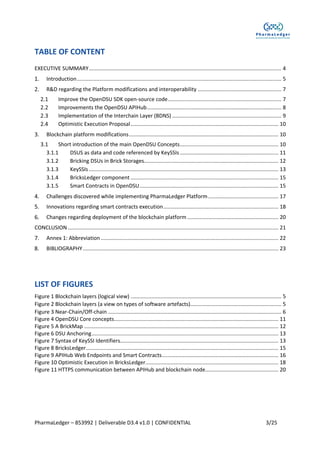 PharmaLedger – 853992 | Deliverable D3.4 v1.0 | CONFIDENTIAL 3/25
TABLE OF CONTENT
EXECUTIVE SUMMARY................................................................................................................................. 4
Introduction......................................................................................................................................... 5
R&D regarding the Platform modifications and interoperability ........................................................ 7
Improve the OpenDSU SDK open-source code............................................................................ 7
Improvements the OpenDSU APIHub.......................................................................................... 8
Implementation of the Interchain Layer (BDNS) ......................................................................... 9
Optimistic Execution Proposal................................................................................................... 10
Blockchain platform modifications.................................................................................................... 10
Short introduction of the main OpenDSU Concepts.................................................................. 10
3.1.1 DSUS as data and code referenced by KeySSIs.................................................................. 11
3.1.2 Bricking DSUs in Brick Storages.......................................................................................... 12
3.1.3 KeySSIs............................................................................................................................... 13
3.1.4 BricksLedger component ................................................................................................... 15
3.1.5 Smart Contracts in OpenDSU............................................................................................. 15
Challenges discovered while implementing PharmaLedger Platform............................................... 17
Innovations regarding smart contracts execution............................................................................. 18
Changes regarding deployment of the blockchain platform ............................................................. 20
CONCLUSION ............................................................................................................................................. 21
Annex 1: Abbreviation....................................................................................................................... 22
BIBLIOGRAPHY................................................................................................................................... 23
LIST OF FIGURES
Figure 1 Blockchain layers (logical view) ..................................................................................................... 5
Figure 2 Blockchain layers (a view on types of software artefacts)............................................................. 5
Figure 3 Near-Chain/Off-chain .................................................................................................................... 6
Figure 4 OpenDSU Core concepts.............................................................................................................. 11
Figure 5 A BrickMap .................................................................................................................................. 12
Figure 6 DSU Anchoring............................................................................................................................. 13
Figure 7 Syntax of KeySSI Identifiers.......................................................................................................... 13
Figure 8 BricksLedger................................................................................................................................. 15
Figure 9 APIHub Web Endpoints and Smart Contracts.............................................................................. 16
Figure 10 Optimistic Execution in BricksLedger......................................................................................... 18
Figure 11 HTTPS communication between APIHub and blockchain node................................................. 20
 