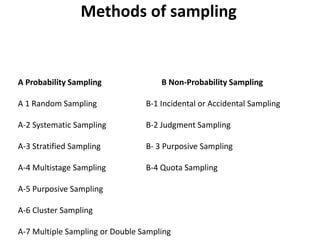 Methods of sampling
A Probability Sampling B Non-Probability Sampling
A 1 Random Sampling B-1 Incidental or Accidental Sampling
A-2 Systematic Sampling B-2 Judgment Sampling
A-3 Stratified Sampling B- 3 Purposive Sampling
A-4 Multistage Sampling B-4 Quota Sampling
A-5 Purposive Sampling
A-6 Cluster Sampling
A-7 Multiple Sampling or Double Sampling
 