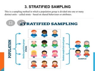 3. STRATIFIED SAMPLING
This is a sampling method in which a population group is divided into one or many
distinct units – called strata – based on shared behaviours or attributes.
 