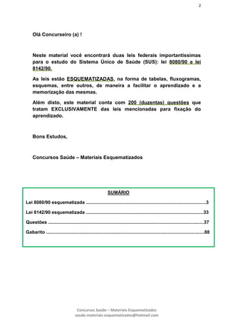 2
Concursos Saúde – Materiais Esquematizados
saude.materiais.esquematizados@hotmail.com
Olá Concurseiro (a) !
Neste material você encontrará duas leis federais importantíssimas
para o estudo do Sistema Único de Saúde (SUS): lei 8080/90 e lei
8142/90.
As leis estão ESQUEMATIZADAS, na forma de tabelas, fluxogramas,
esquemas, entre outros, de maneira a facilitar o aprendizado e a
memorização das mesmas.
Além disto, este material conta com 200 (duzentas) questões que
tratam EXCLUSIVAMENTE das leis mencionadas para fixação do
aprendizado.
Bons Estudos,
Concursos Saúde – Materiais Esquematizados
SUMÁRIO
Lei 8080/90 esquematizada ..............................................................................................3
Lei 8142/90 esquematizada ............................................................................................33
Questões ..........................................................................................................................37
Gabarito ............................................................................................................................88
 