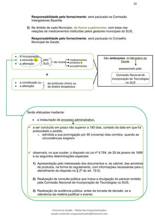 20
Concursos Saúde – Materiais Esquematizados
saude.materiais.esquematizados@hotmail.com
Responsabilidade pelo fornecimento: será pactuada na Comissão
Intergestores Bipartite
3) No âmbito de cada Município, de forma suplementar, com base nas
relações de medicamentos instituídas pelos gestores municipais do SUS,
Responsabilidade pelo fornecimento: será pactuada no Conselho
Municipal de Saúde.
 A incorporação,
 a exclusão ou
 a alteração
 a constituição ou
 a alteração
pelo
SUS
de novos
medicamentos
produtos e
procedimentos
e
de protocolo clínico ou
de diretriz terapêutica
São atribuições: do Ministério da
Saúde
.
assessorado pela:
Comissão Nacional de
Incorporação de Tecnologias
no SUS
Serão efetuadas mediante:
 a instauração de processo administrativo,
 a ser concluído em prazo não superior a 180 dias, contado da data em que foi
protocolado o pedido.
o admitida a sua prorrogação por 90 (noventa) dias corridos, quando as
circunstâncias exigirem
 observará, no que couber, o disposto na Lei no
9.784, de 29 de janeiro de 1999,
e as seguintes determinações especiais:
1) Apresentação pelo interessado dos documentos e, se cabível, das amostras
de produtos, na forma do regulamento, com informações necessárias para o
atendimento do disposto no § 2o
do art. 19-Q;
2) Realização de consulta pública que inclua a divulgação do parecer emitido
pela Comissão Nacional de Incorporação de Tecnologias no SUS;
3) Realização de audiência pública, antes da tomada de decisão, se a
relevância da matéria justificar o evento.
 