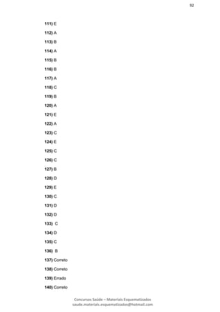 92
Concursos Saúde – Materiais Esquematizados
saude.materiais.esquematizados@hotmail.com
111) E
112) A
113) B
114) A
115) B
116) B
117) A
118) C
119) B
120) A
121) E
122) A
123) C
124) E
125) C
126) C
127) B
128) D
129) E
130) C
131) D
132) D
133) C
134) D
135) C
136) B
137) Correto
138) Correto
139) Errado
140) Correto
 